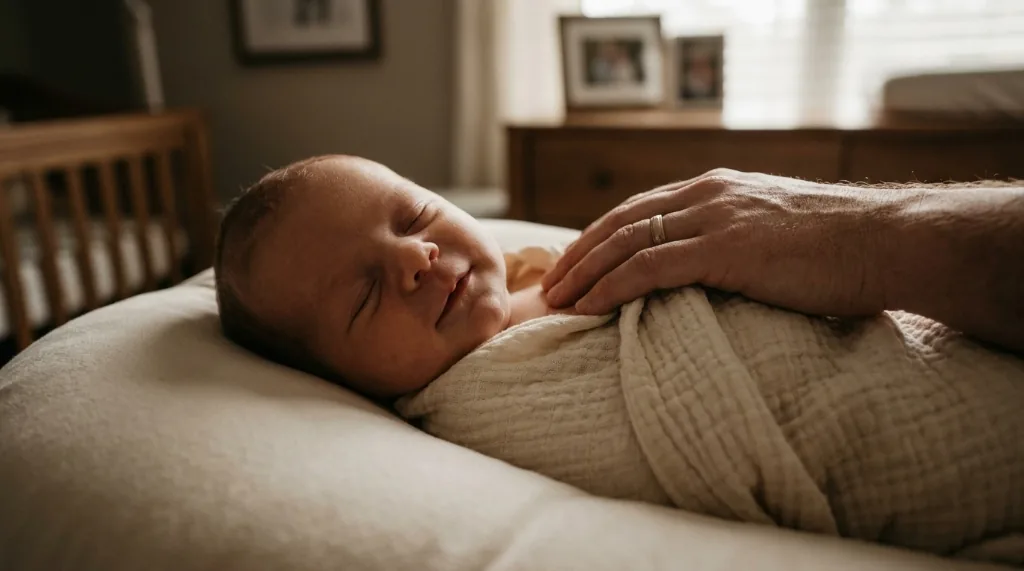 Sleeping newborn infant resting comfortably during post-circumcision healing and recovery in New York.