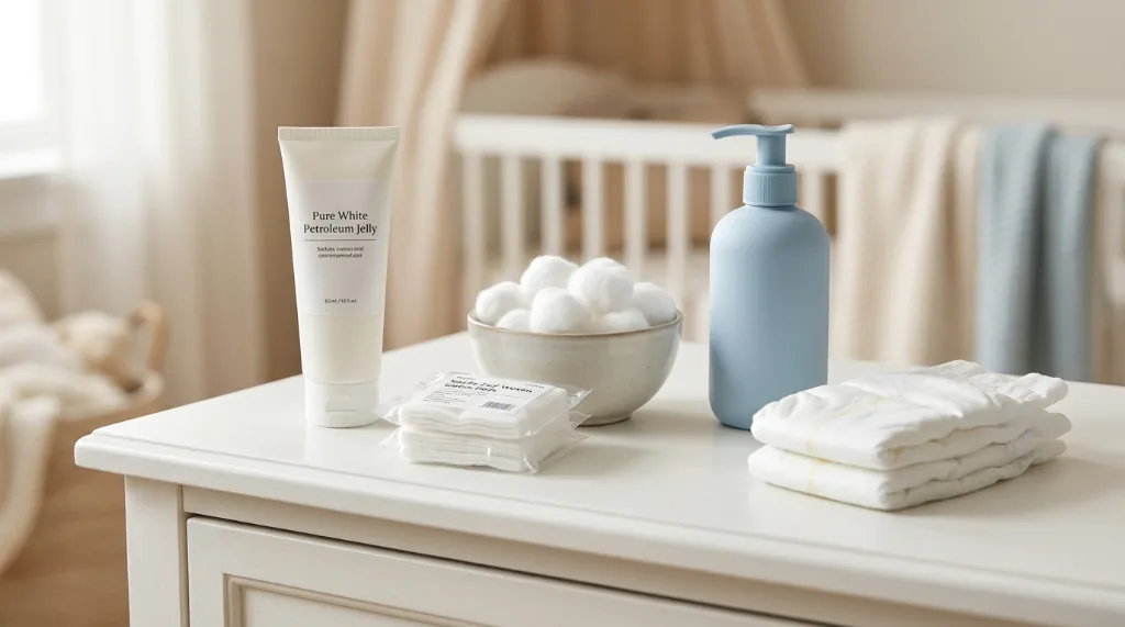 Essential newborn circumcision care kit supplies including pure petroleum jelly, sterile gauze pads, cotton balls, and diapers on a nursery changing table.