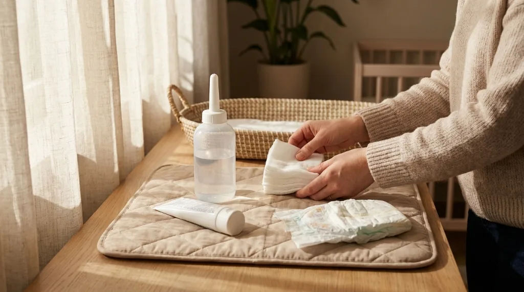 Organized nursery changing table setup for cleaning a newborn circumcision with a warm water peri-bottle, petroleum jelly tube, sterile gauze pads, and newborn diaper.