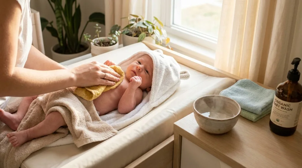 Mother giving a gentle sponge bath to a newborn baby on a changing table with a hooded towel, water basin, and washcloth to protect the healing circumcision from water submersion.