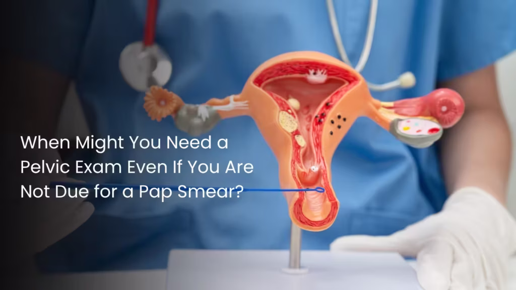 Medical illustration of the female reproductive system explaining when a pelvic exam may be needed even if a Pap smear is not due.