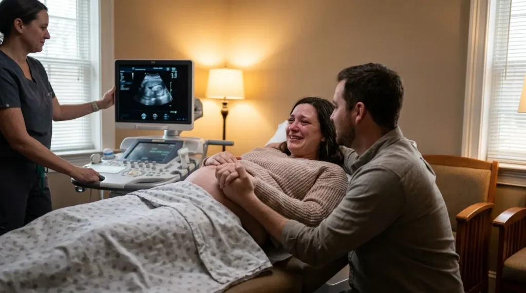 Expectant parents holding hands during a 20-week anatomy scan ultrasound appointment in Brooklyn OBGYN office