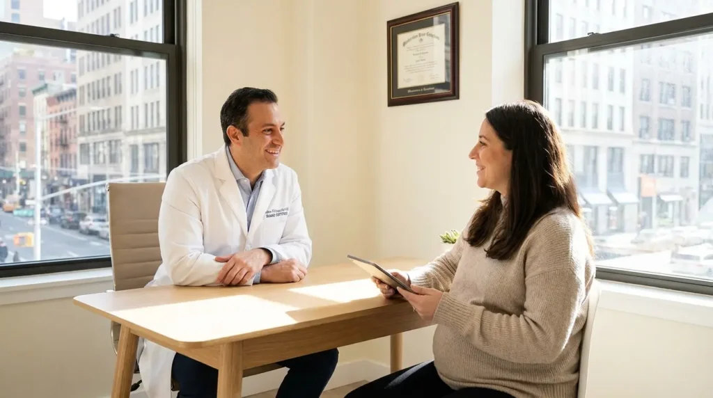 Doctor discussing high-risk pregnancy ultrasound schedule with patient during obstetrics consultation in Manhattan