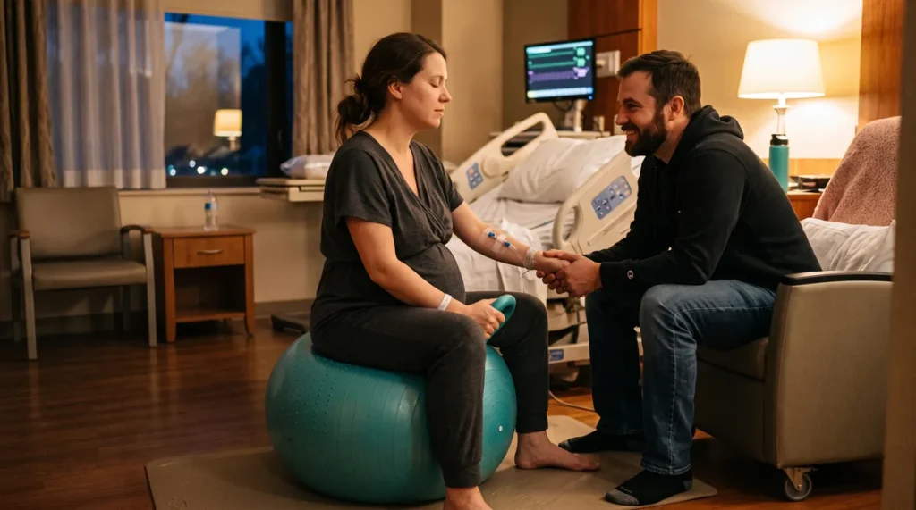 Expectant mother moving comfortably on a birth ball during labor with an IV saline lock