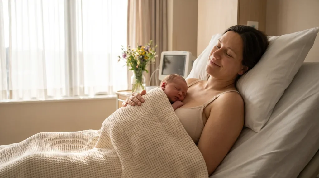 Mother holding healthy newborn skin-to-skin following safe labor and delivery with GBS antibiotic protocol
