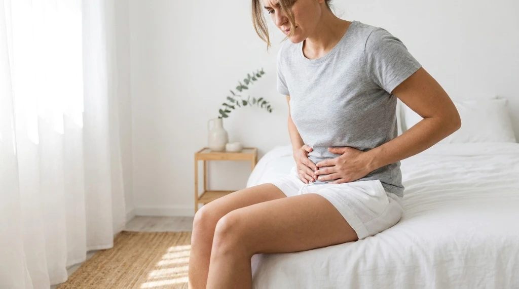 Woman sitting on bed holding lower abdomen due to recurrent UTI pain