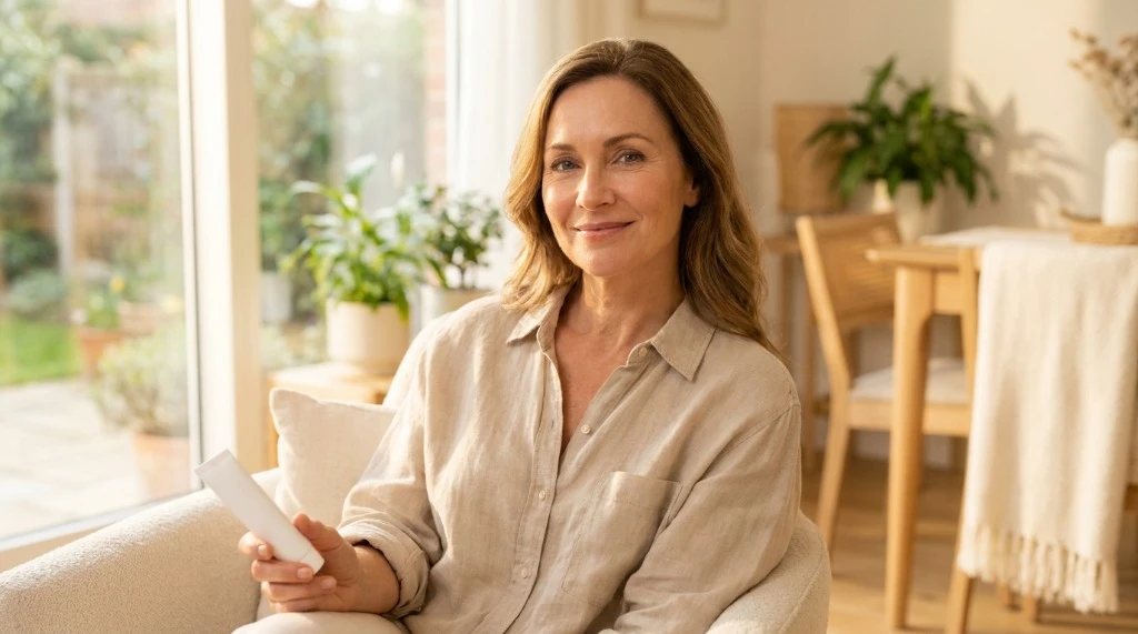 Perimenopausal woman holding vaginal estrogen cream to prevent recurrent UTIs caused by estrogen loss