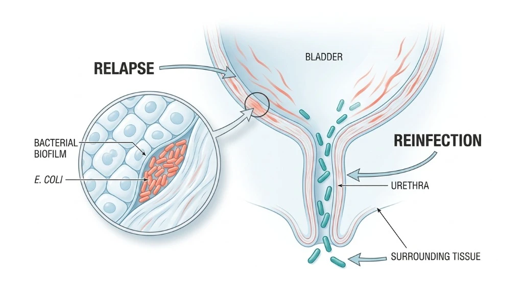 Medical diagram showing the difference between UTI relapse with bacterial biofilm and UTI reinfection through the urethra
