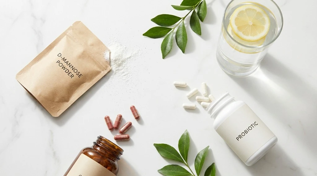 D-mannose powder, cranberry capsules, probiotic supplements and water for natural UTI prevention