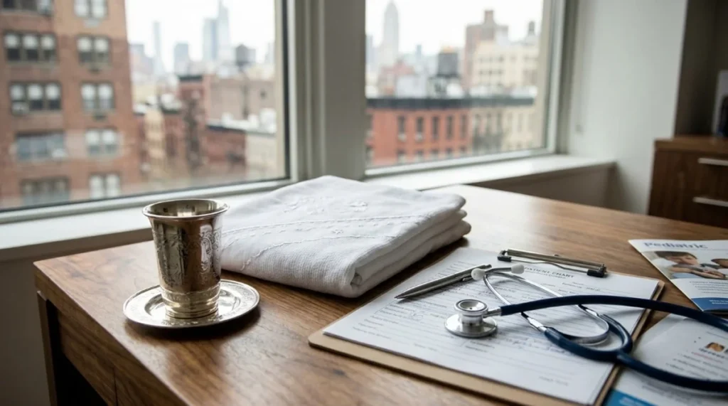Silver Kiddush cup and medical stethoscope representing the choice between a traditional bris and in-office circumcision in NYC